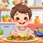 Familia feliz en cocina colorida