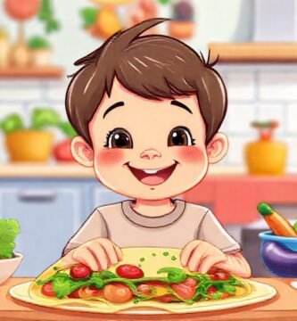 Familia feliz en cocina colorida