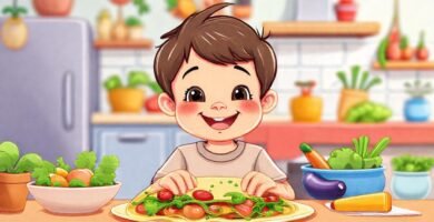 Familia feliz en cocina colorida