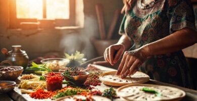 Una mujer mexicana cocina tortillas vibrantes