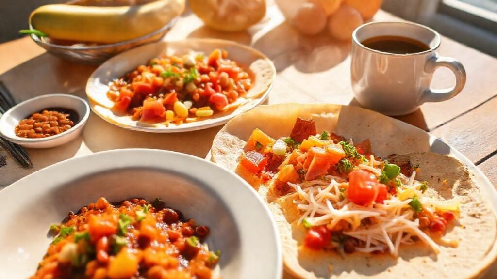 Desayuno brillante y alegre en la mesa