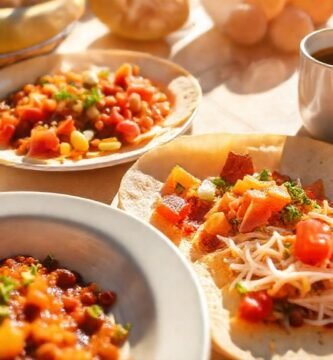 Desayuno brillante y alegre en la mesa