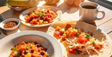 Desayuno brillante y alegre en la mesa