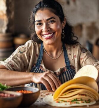 Mujer mexicana sonríe mientras hace tortillas