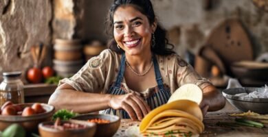Mujer mexicana sonríe mientras hace tortillas