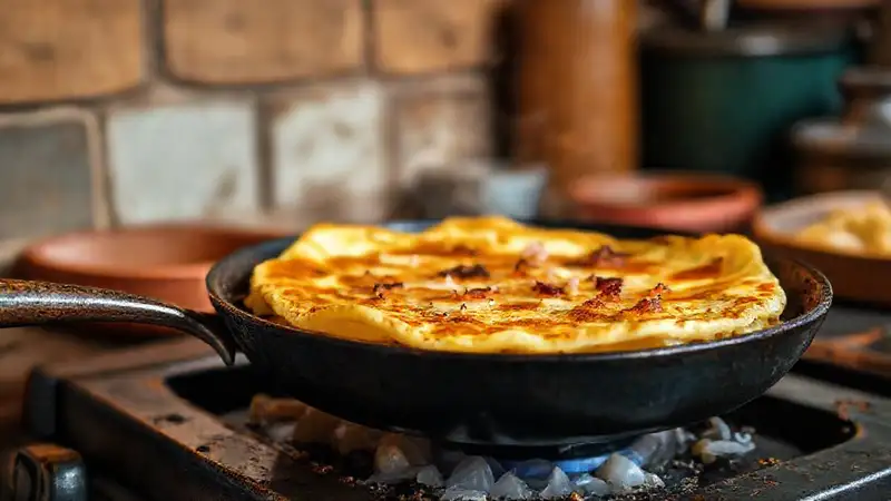 Tortilla dorada en cocina española cálida