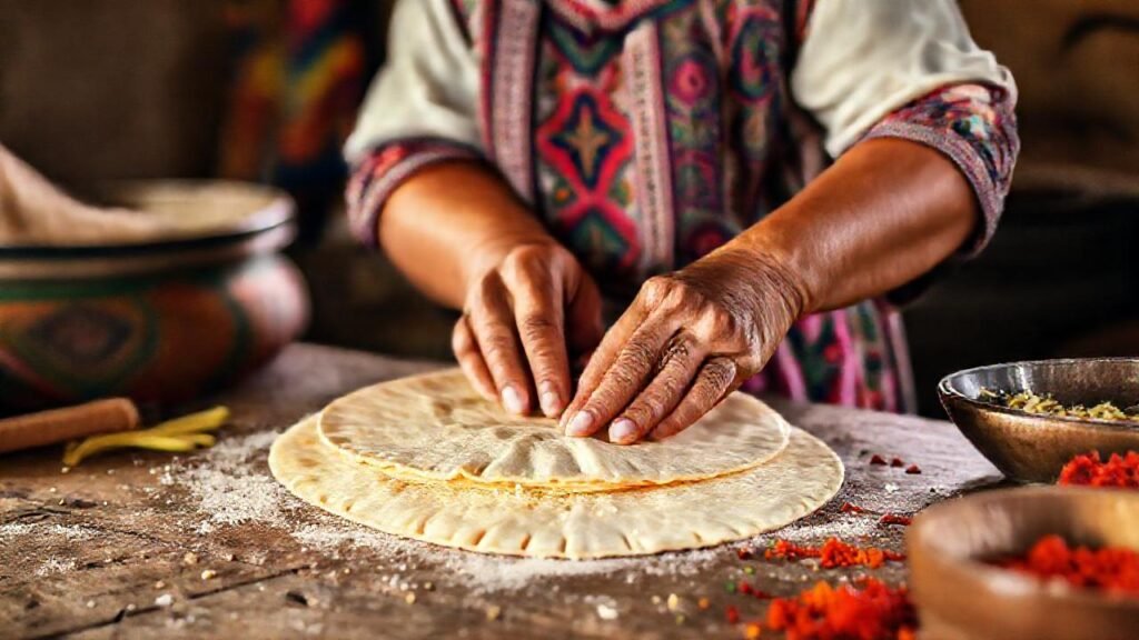 Mujer mexicana hornea tortillas con arte