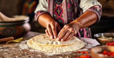 Mujer mexicana hornea tortillas con arte