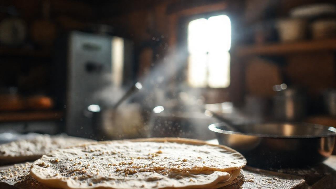 Cocina rústica cálida, tortillas doradas y brillantes