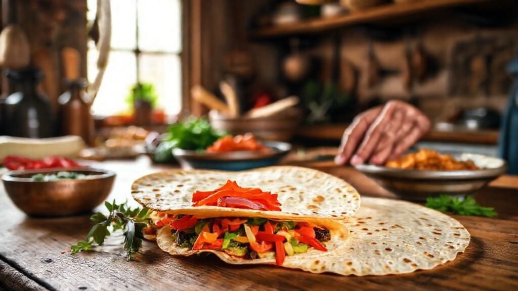 Cocina rústica con tortillas y manos