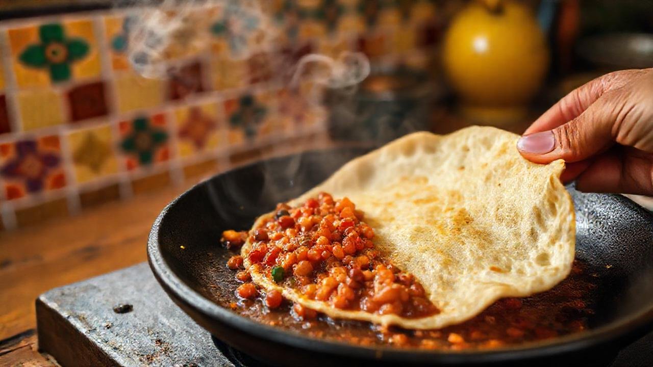 Tortilla humeante en cocina mexicana cálida