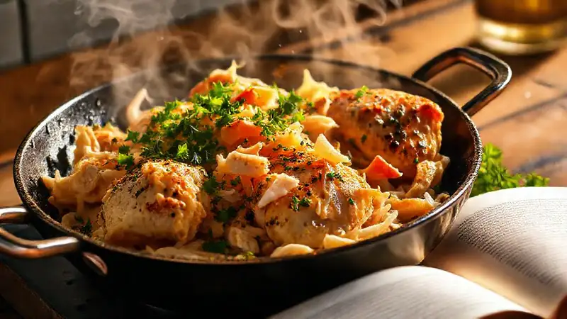 Pollo crujiente salia de una cocción vibrante