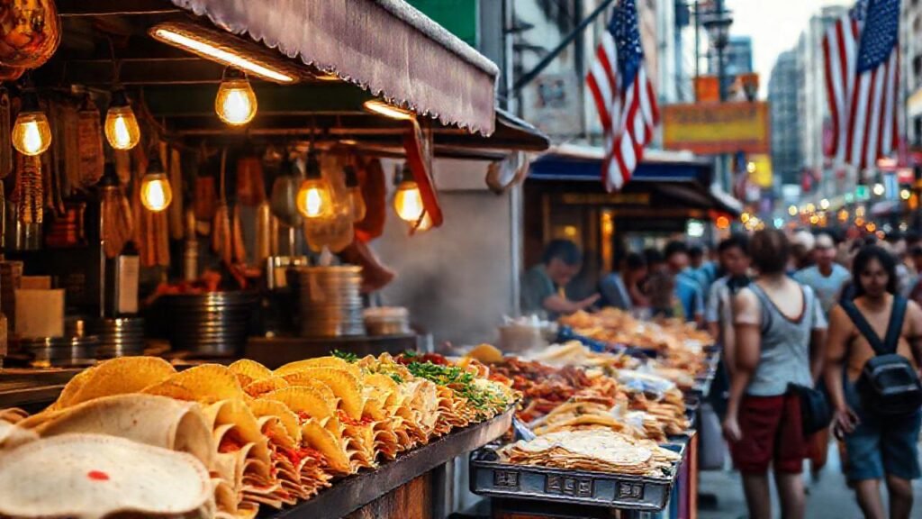 Comida callejera vibrante en una ciudad bulliciosa