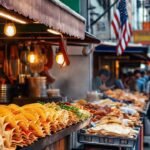 Comida callejera vibrante en una ciudad bulliciosa