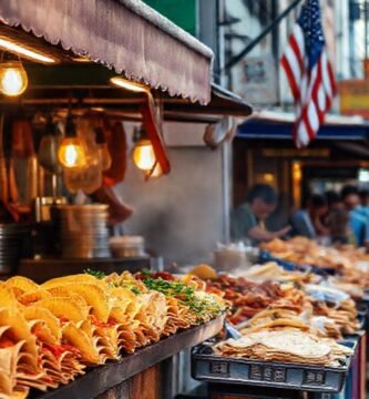 Comida callejera vibrante en una ciudad bulliciosa