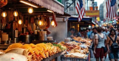 Comida callejera vibrante en una ciudad bulliciosa