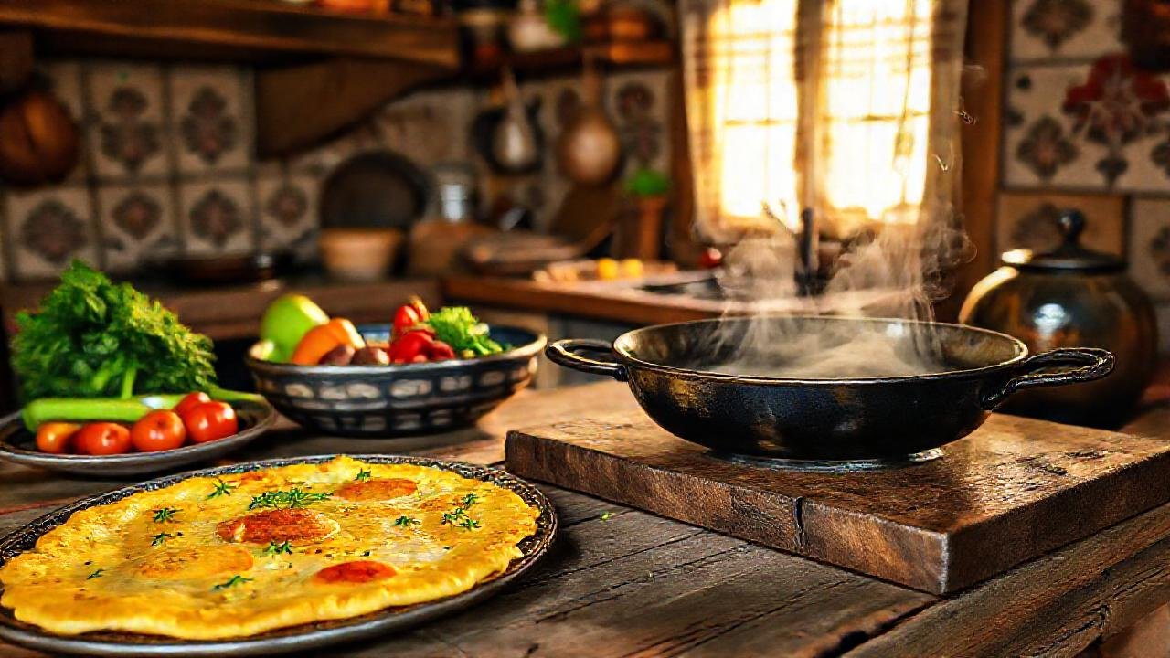 Cocina rústica rumana: huevos burbujeantes y luz cálida