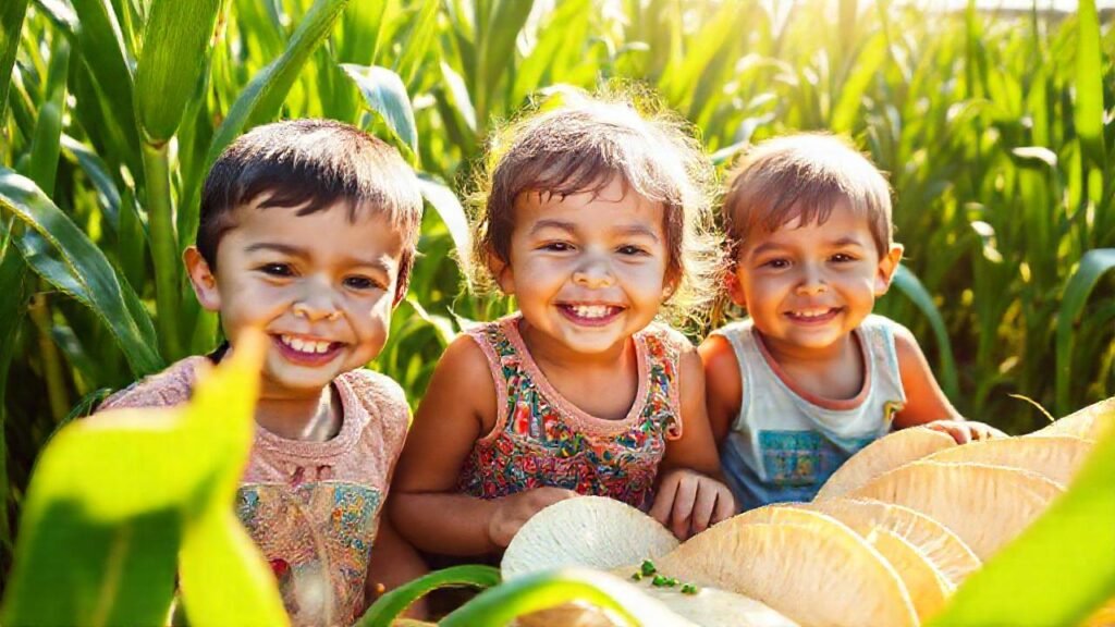 Niños felices en un campo dorado