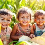 Niños felices en un campo dorado