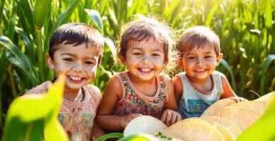 Niños felices en un campo dorado