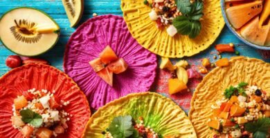Tortillas coloridas y frutas exóticas brillan