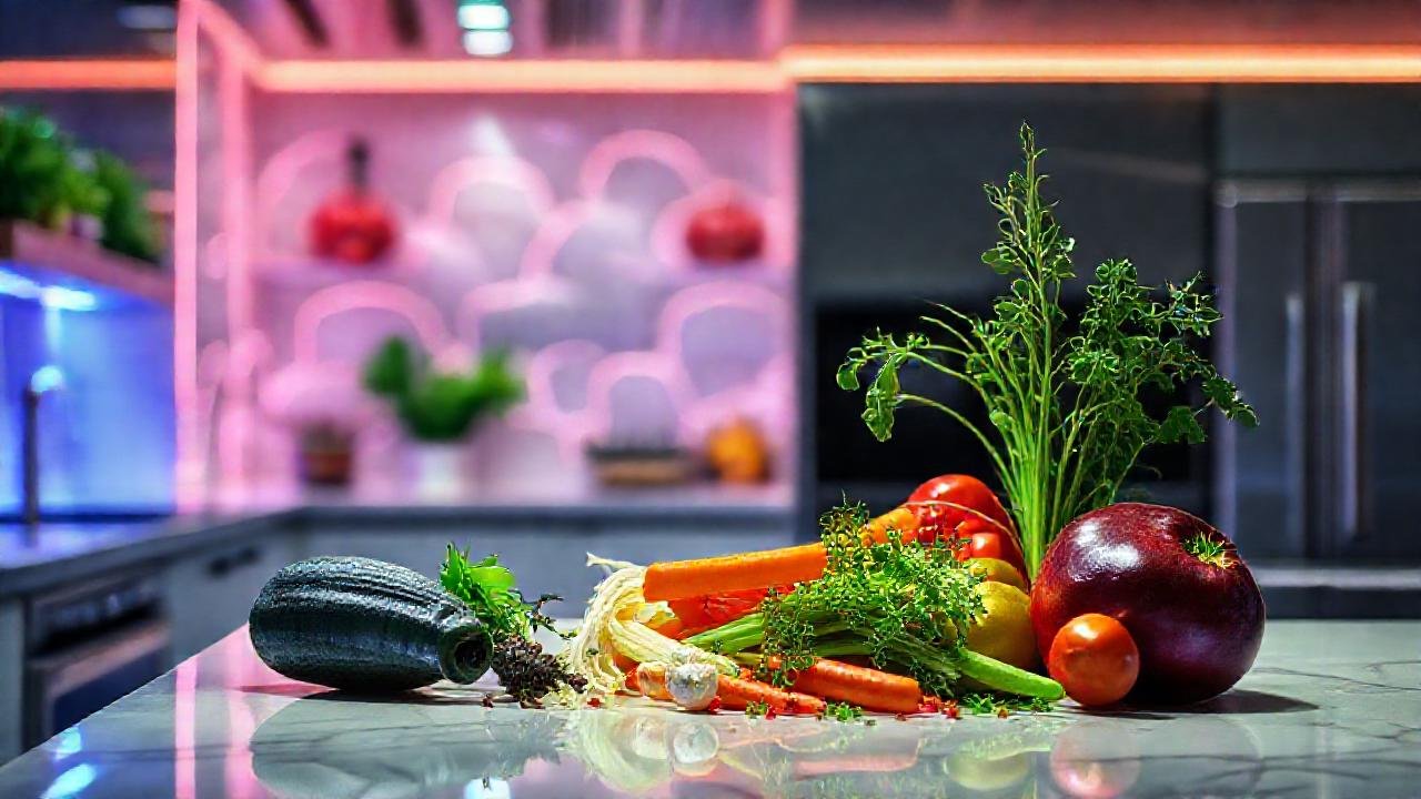 Cocina moderna, colores vibrantes y vegetales