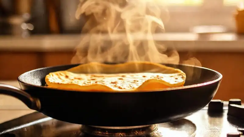 Una tortilla dorada emerge en la cocina