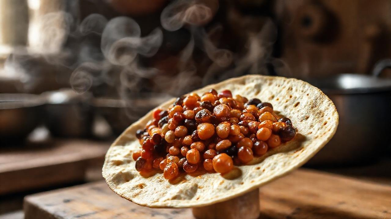 Tortilla española humeante, cocina rústica, acogedora