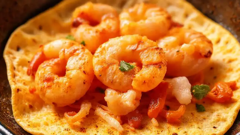 Tortilla crujiente y gambas