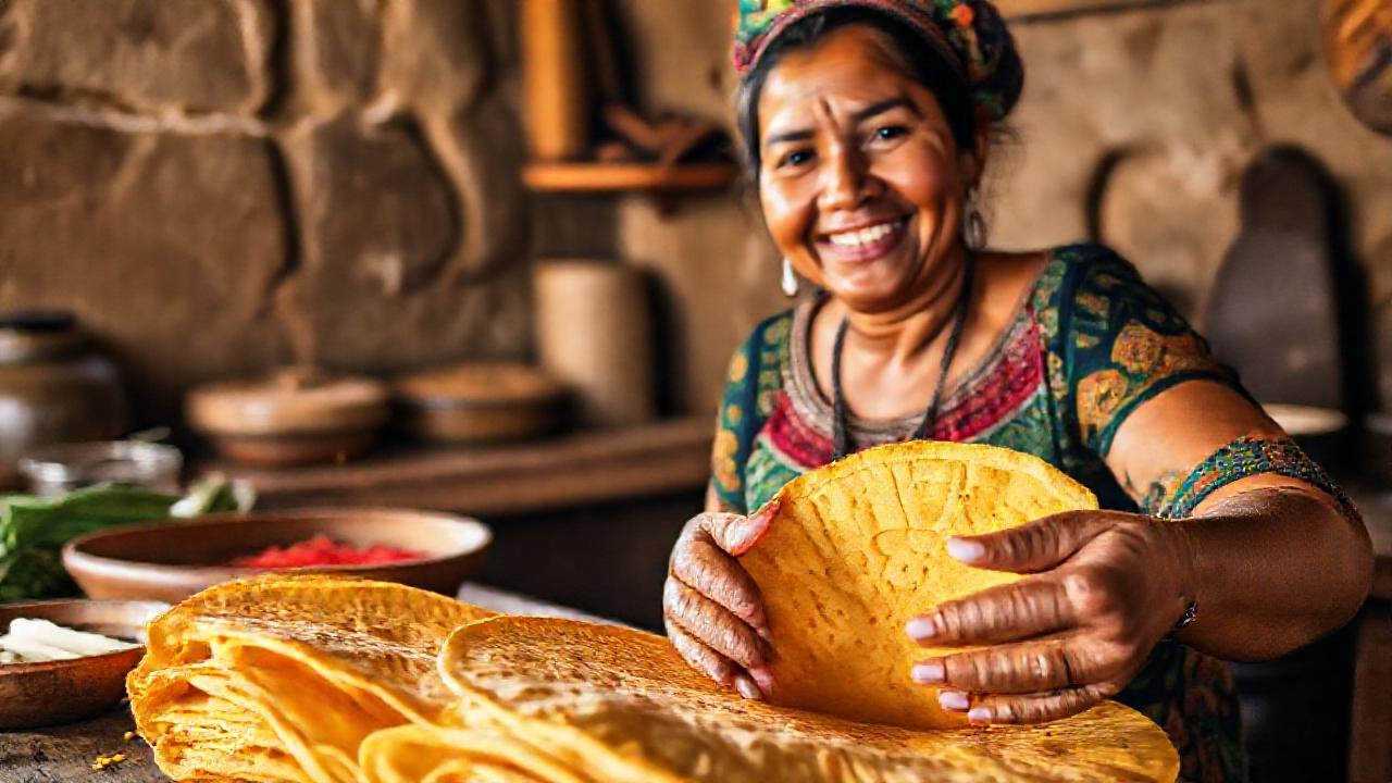 Una mujer sonríe con tortillas doradas