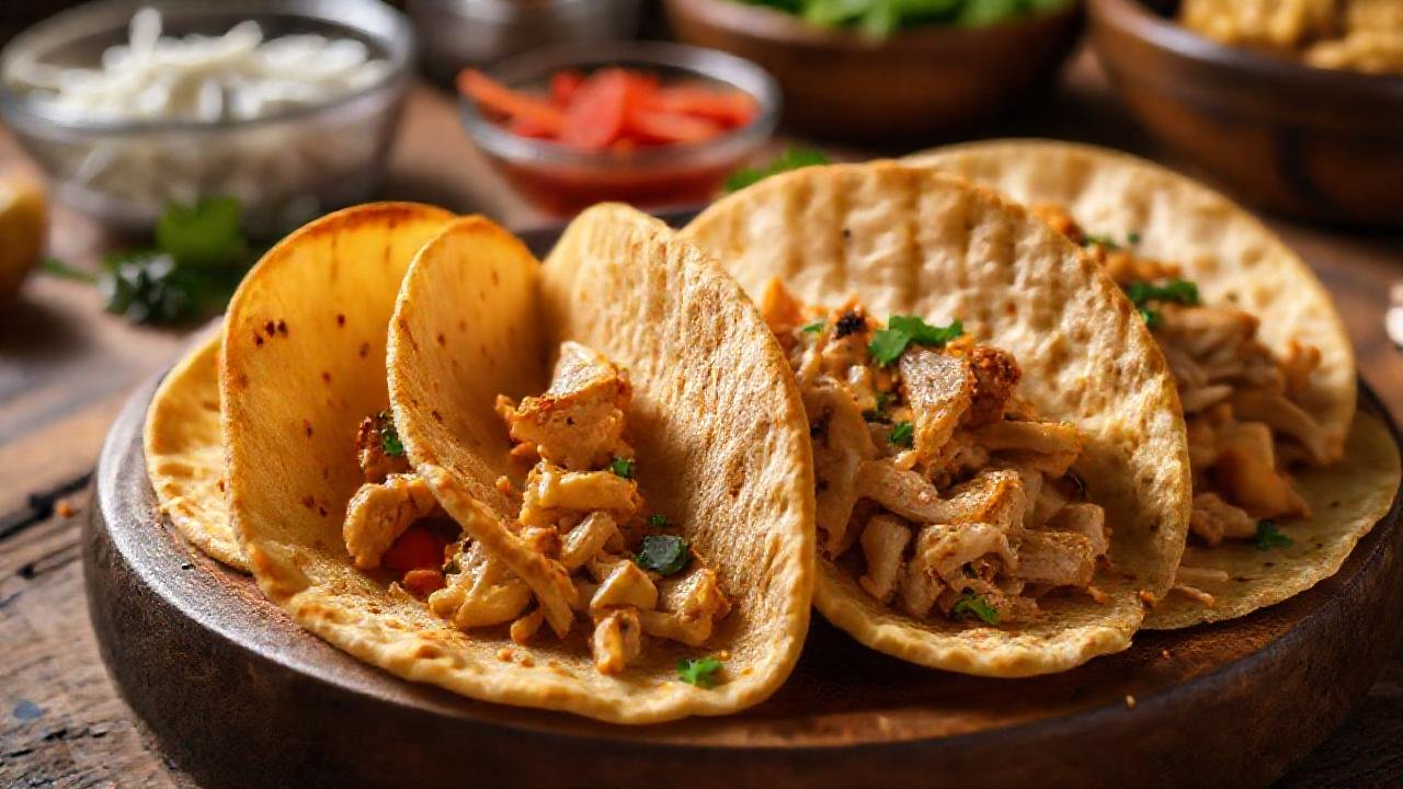 Tortillas doradas, pollo jugoso, fotografía culinaria