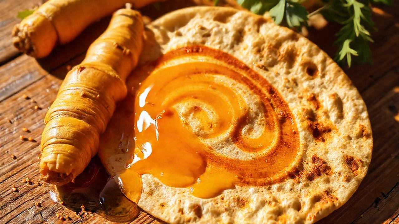 Jengibre dorado en tortilla, cálido y brillante