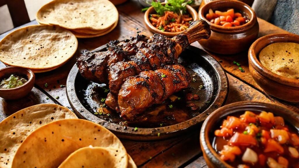 Una mesa española rústica con cerdo