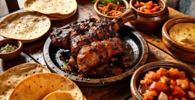 Una mesa española rústica con cerdo
