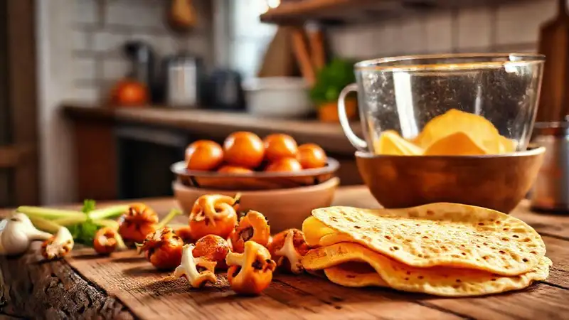 Cocina cálida y hongos vibrantes invitan
