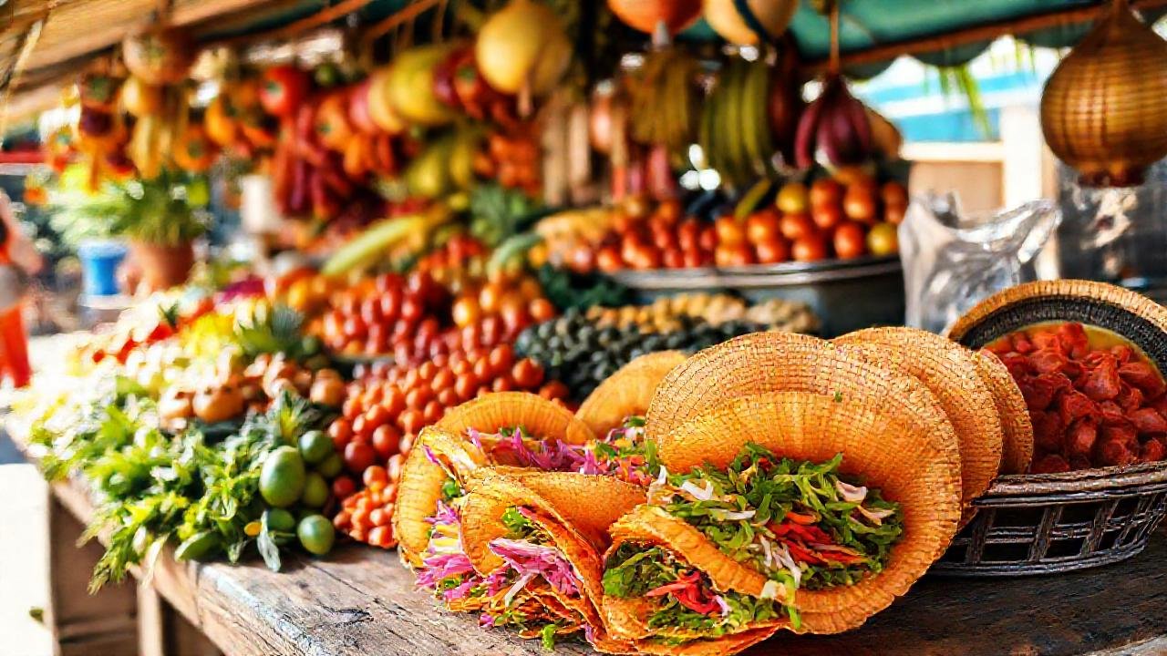 Mercado tropical ofrece colores y texturas