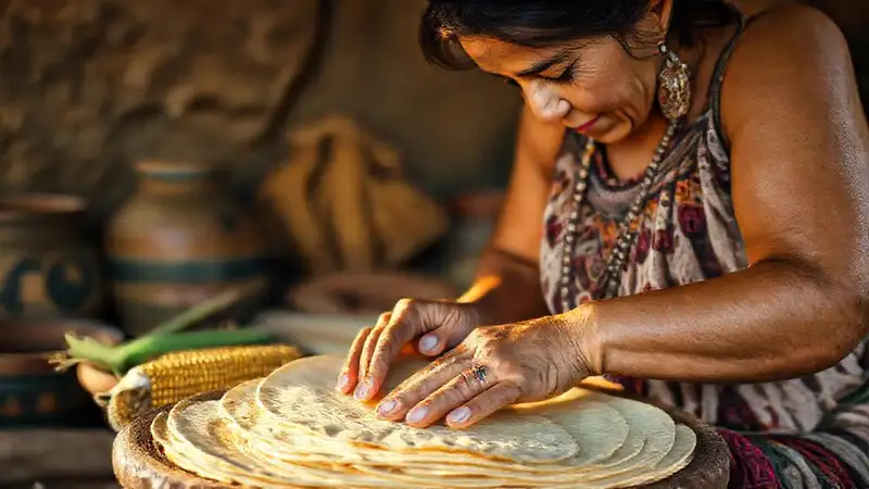 Mujer mexicana hace tortillas con sol