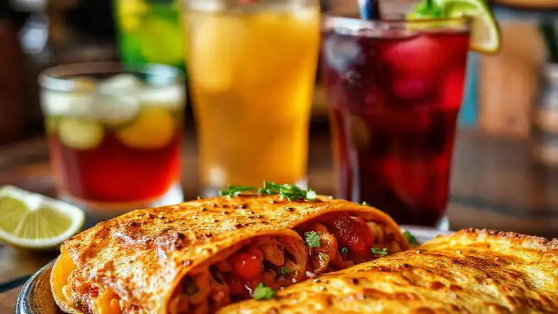Tortilla argentina y bebidas coloridas
