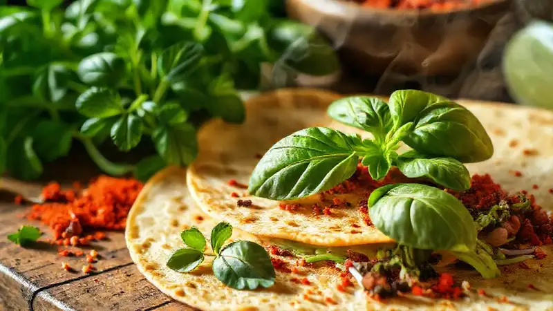 Hierbas frescas y tortillas veganas apetitosas