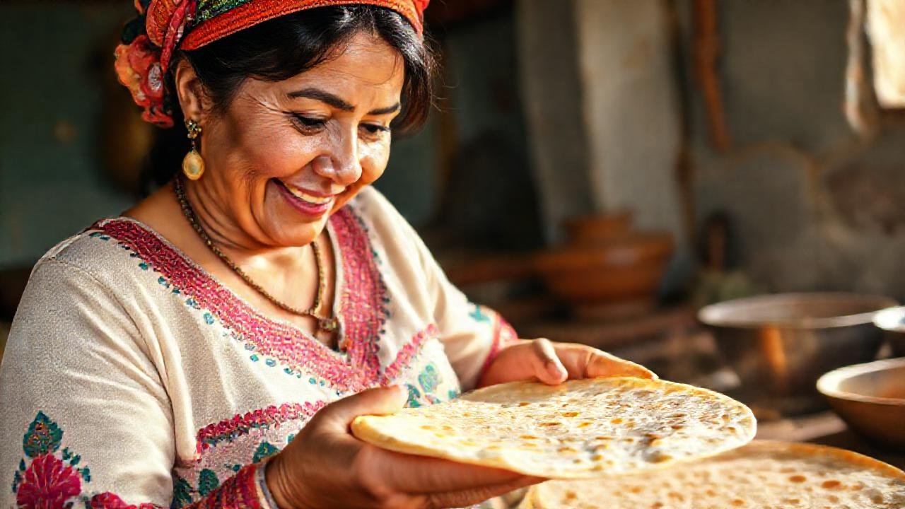 Mujer mexicana cocina tortilla dorada felizmente