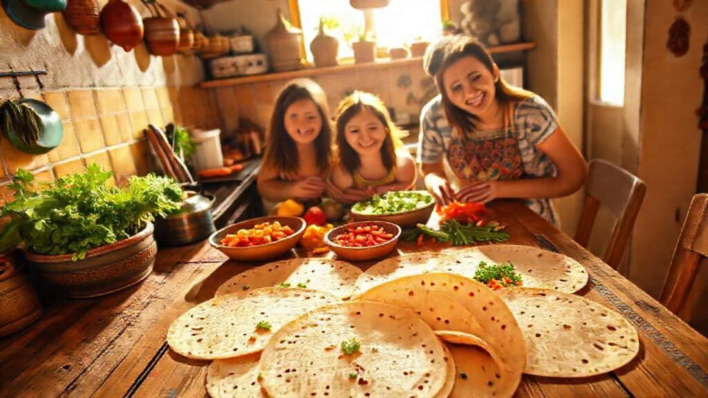 Una familia feliz cocina tortillas caseras
