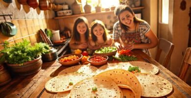 Una familia feliz cocina tortillas caseras