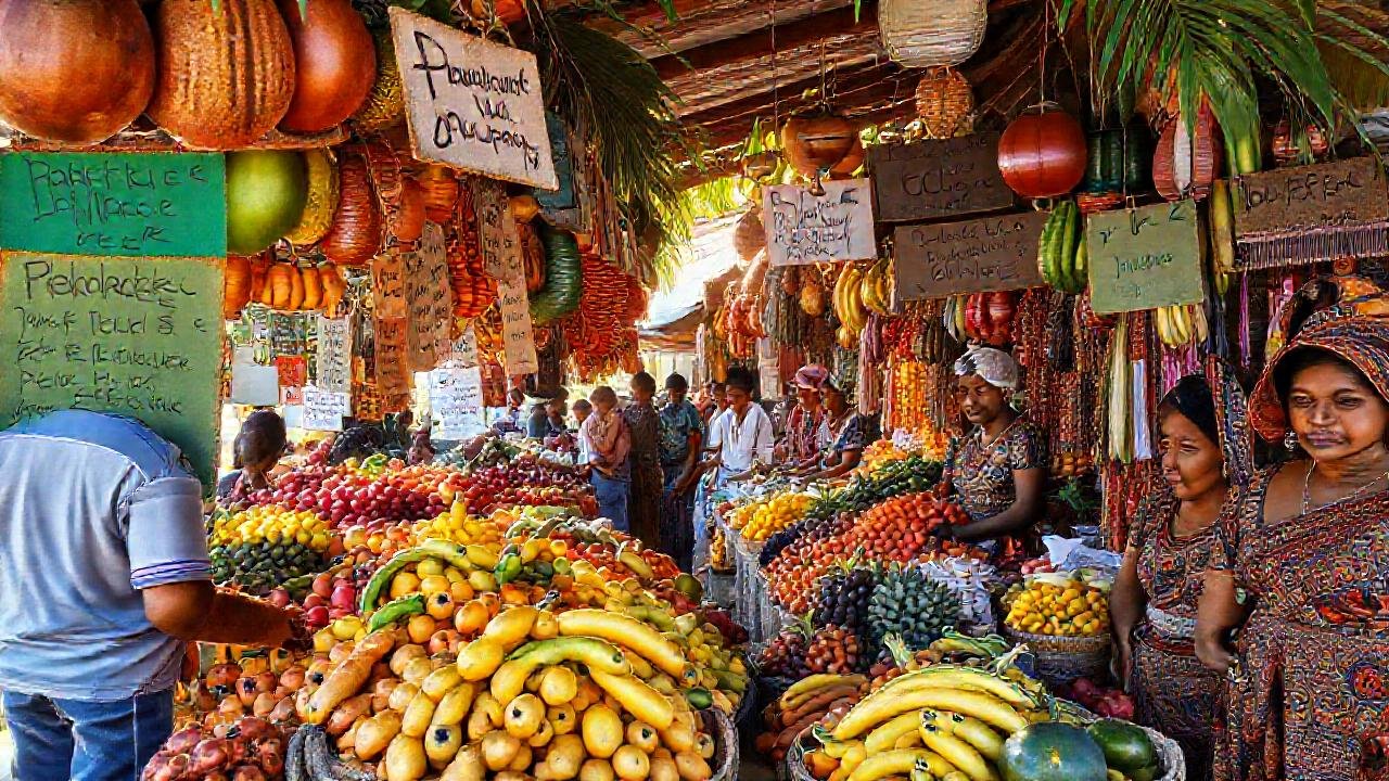 Mercado tropical, colores vivos y tradición