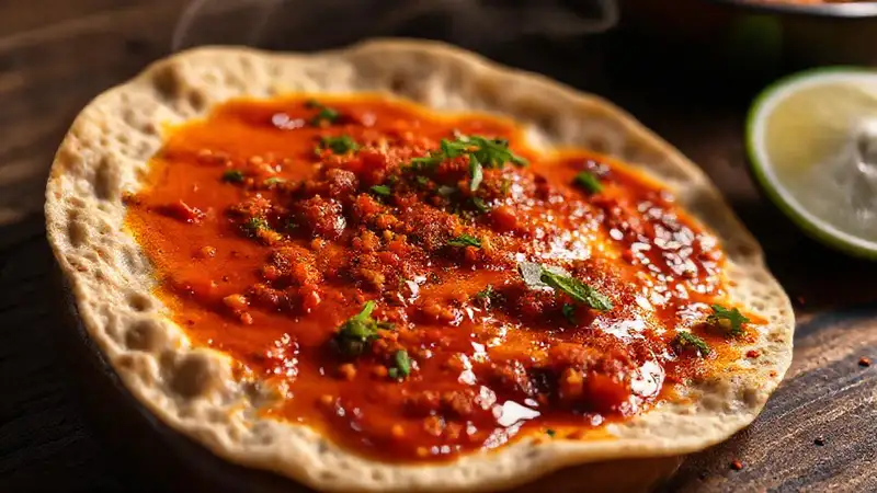 Tortilla masala humeante sobre madera cálida