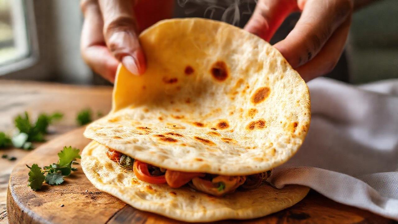 Tortilla vegana dorada, invitante y cálida