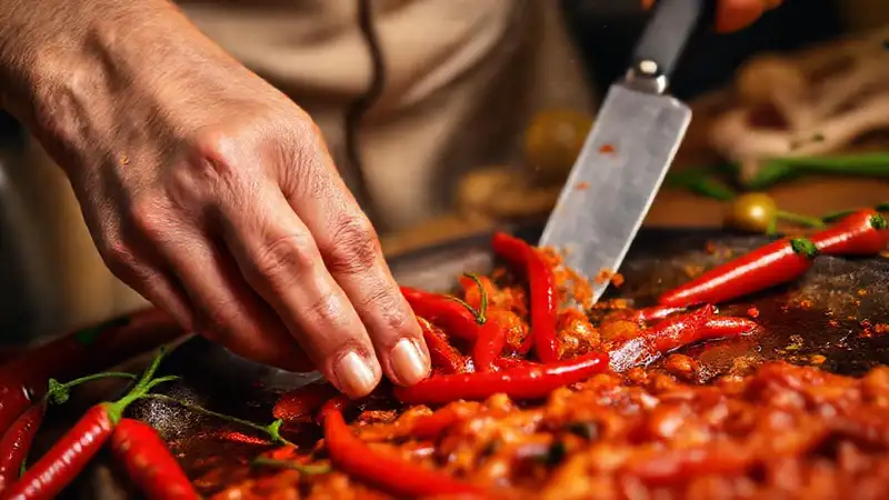 Manos preparan menemen con rojo intenso