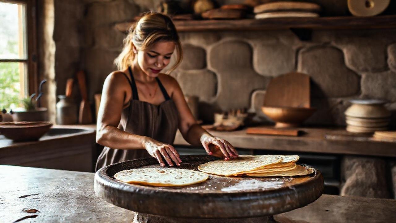 Mujer prepara tortillas en cocina rústica
