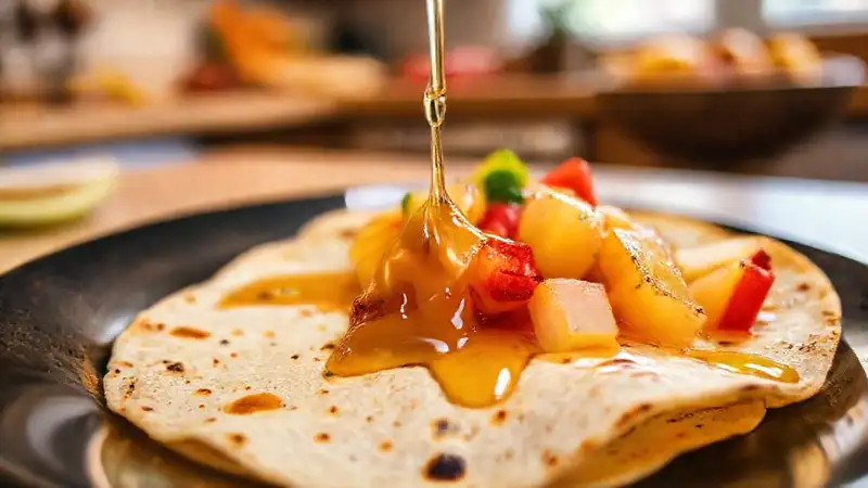 Tortillas doradas brillan con miel y frutas