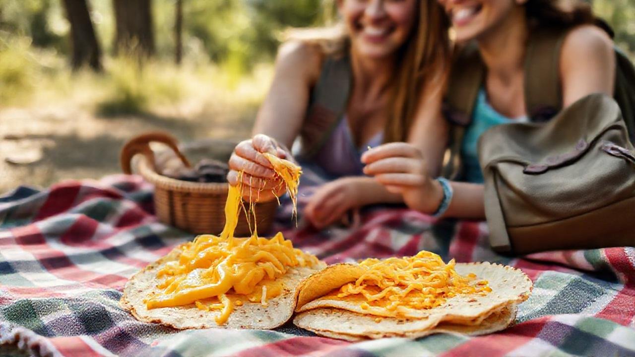 Picnic feliz, queso derretido y sol