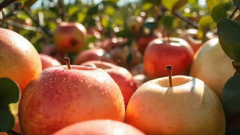 Manzanas brillantes en huerto soleado